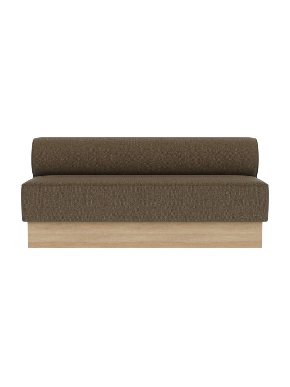 The Eave Dining Sofa, Plateau upholstered in Logan Nutmeg fabric, featuring a solid natural oak wooden base.
