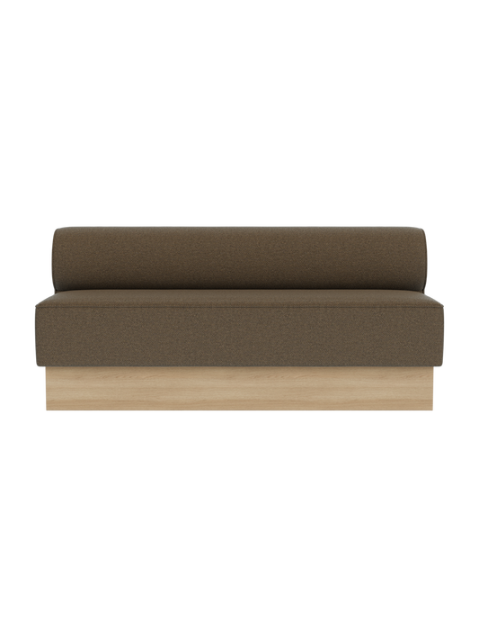 The Eave Dining Sofa, Plateau upholstered in Logan Nutmeg fabric, featuring a solid natural oak wooden base.