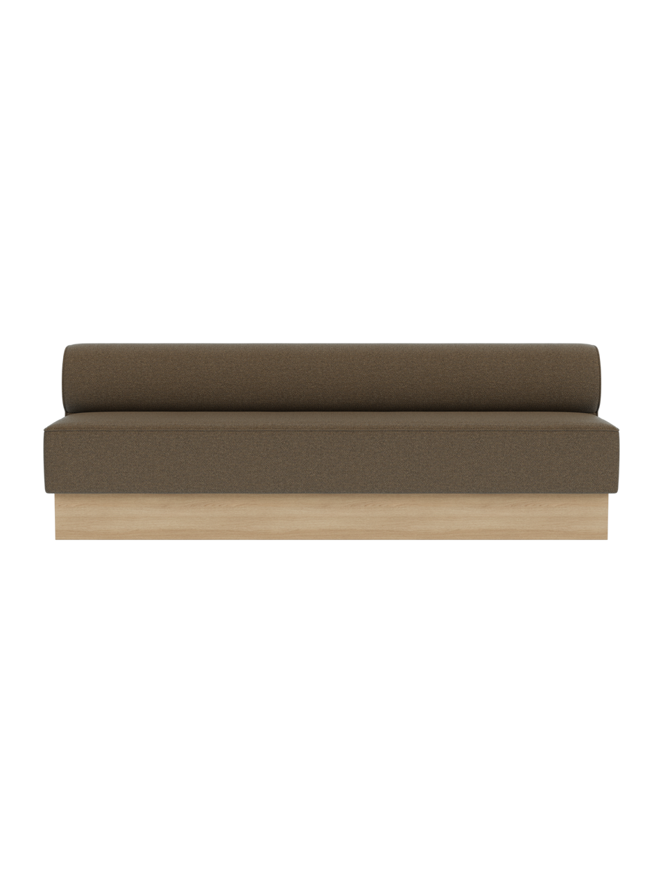 Eave Dining Sofa, Plateau upholstered in Logan Nutmeg fabric with a natural oak base, shown from the front.