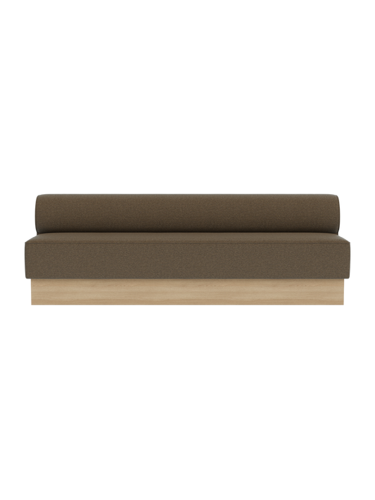 Eave Dining Sofa, Plateau upholstered in Logan Nutmeg fabric with a natural oak base, shown from the front.
