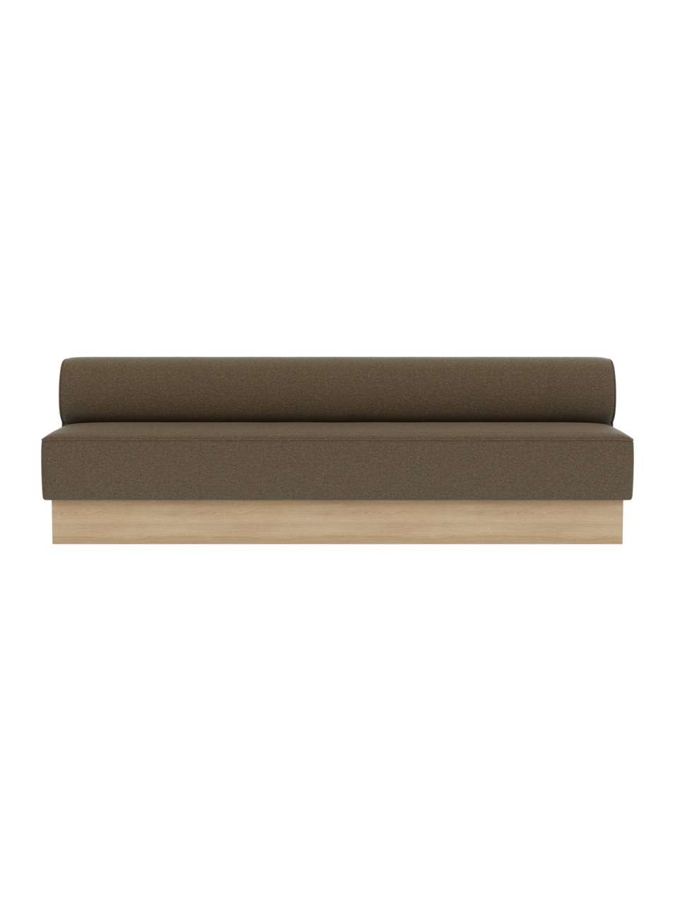 Eave Dining Sofa, Plateau upholstered in Logan Nutmeg fabric with a natural oak base, shown from the front.