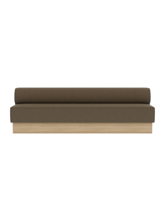 Eave Dining Sofa, Plateau upholstered in Logan Nutmeg fabric with a natural oak base, shown from the front.