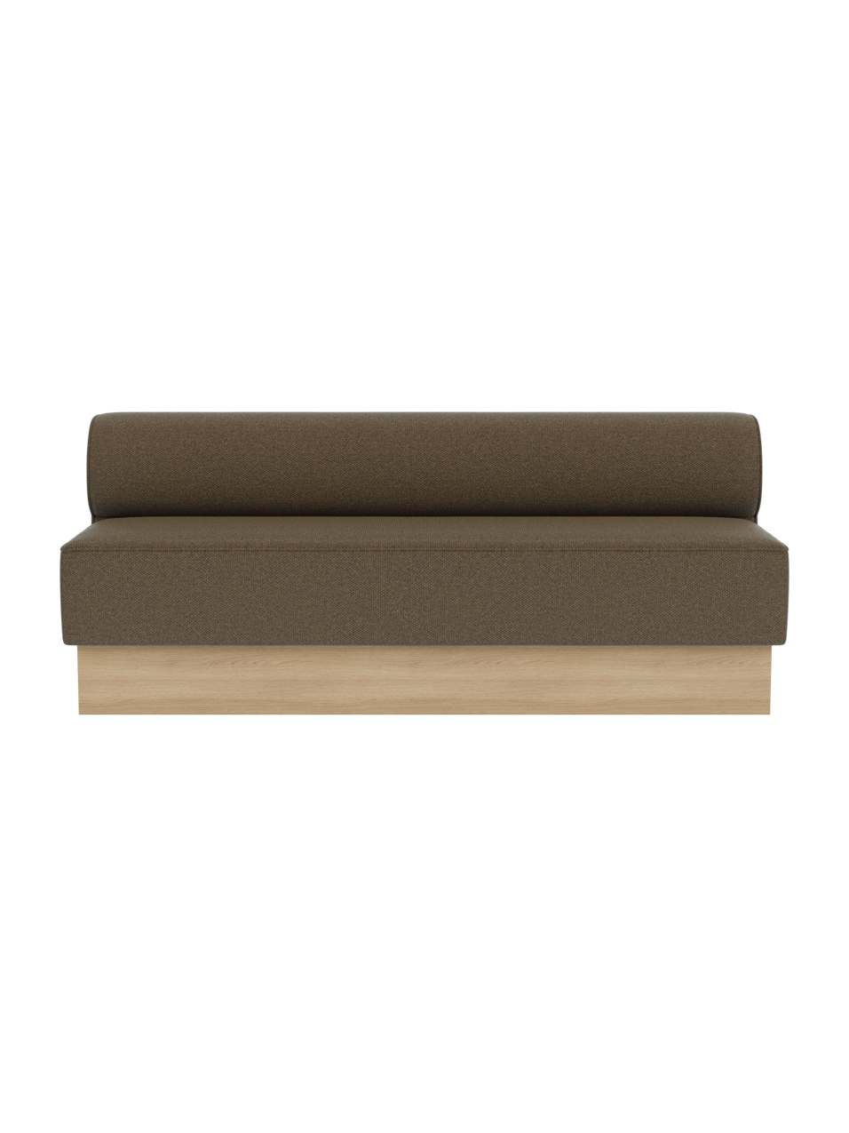 The Eave Dining Sofa, Plateau in Logan Nutmeg upholstery with a natural oak wooden base, shown from a front angle.