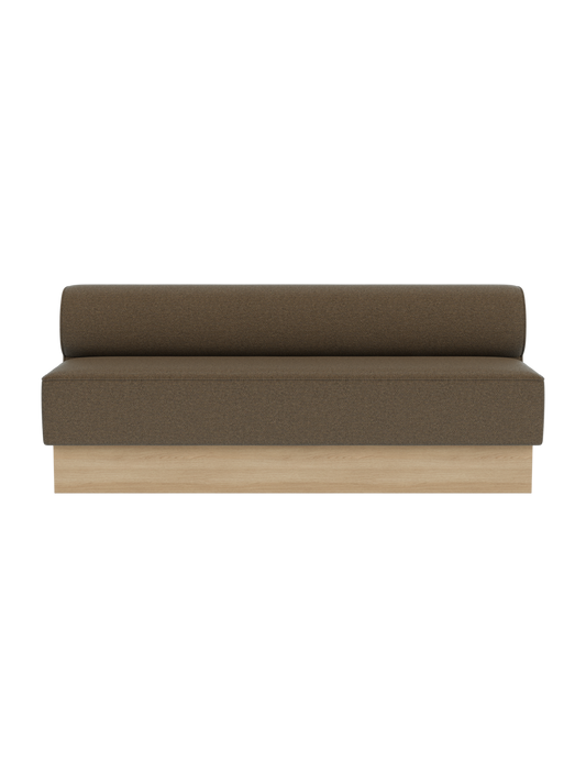 The Eave Dining Sofa, Plateau in Logan Nutmeg upholstery with a natural oak wooden base, shown from a front angle.