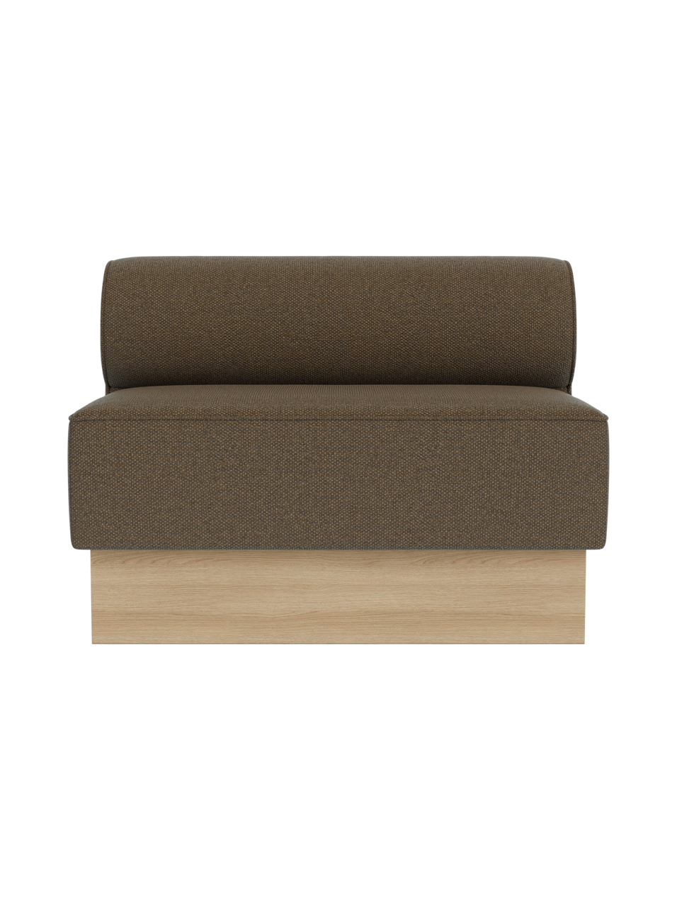 Eave Dining Sofa, Plateau module upholstered in Logan Nutmeg fabric with a natural oak base.