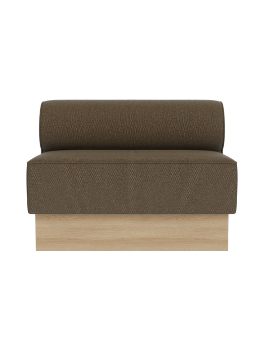 Eave Dining Sofa, Plateau module upholstered in Logan Nutmeg fabric with a natural oak base.