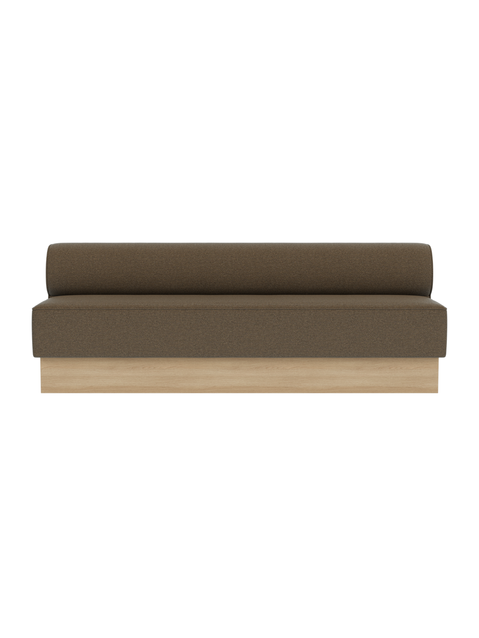 Eave Dining Sofa, Plateau in Logan Nutmeg upholstery with a natural oak base, shown from a front view.