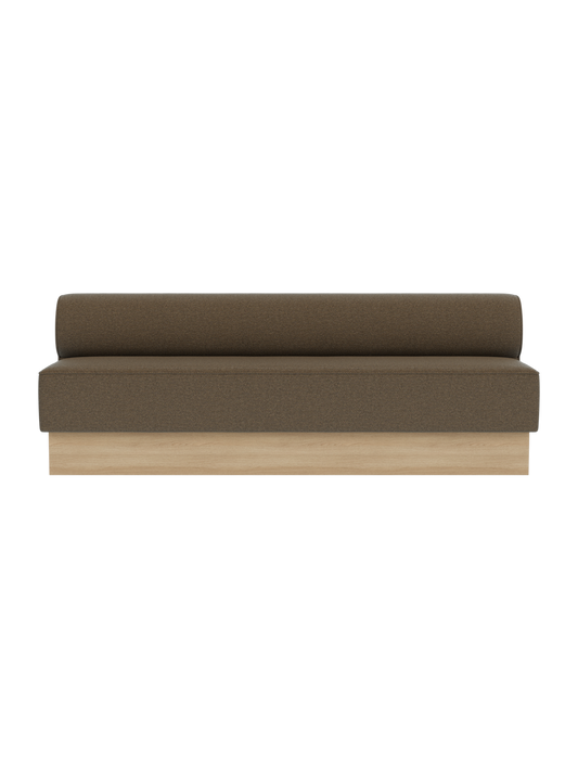 Eave Dining Sofa, Plateau in Logan Nutmeg upholstery with a natural oak base, shown from a front view.