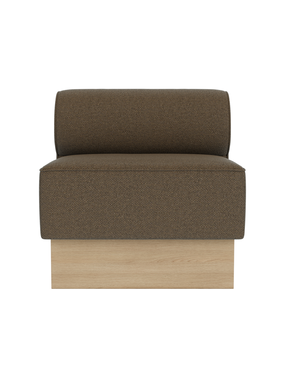Eave Dining Sofa, Plateau module in Logan Nutmeg upholstery with a natural oak base, shown from a front view.