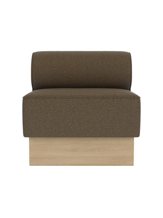 Eave Dining Sofa, Plateau module in Logan Nutmeg upholstery with a natural oak base, shown from a front view.