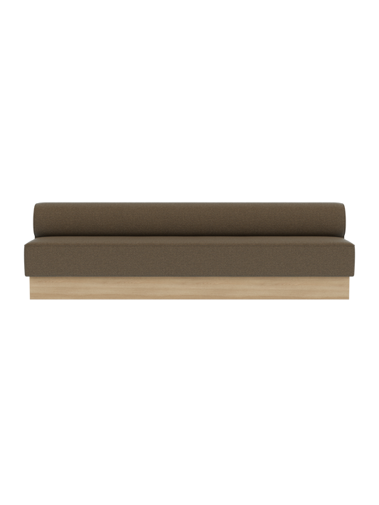 Eave Dining Sofa, Plateau in Logan Nutmeg with a natural oak base.