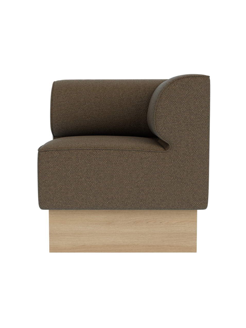 Eave Dining Sofa, Plateau in Logan Nutmeg upholstery with natural oak base, shown from a side angle.