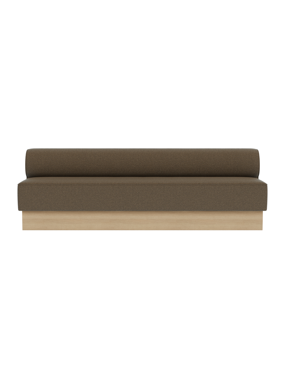 Eave Dining Sofa in Logan Nutmeg upholstery with a natural oak base, shown from a front angle.