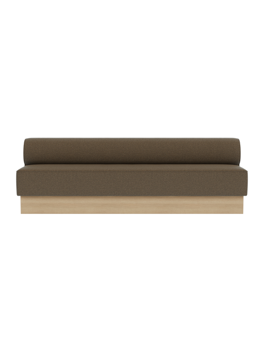 Eave Dining Sofa in Logan Nutmeg upholstery with a natural oak base, shown from a front angle.