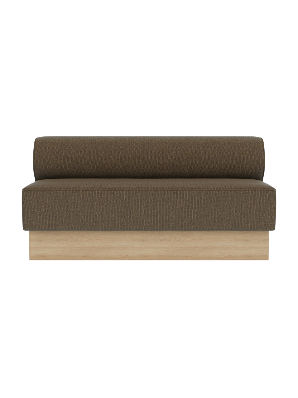 Eave Dining Sofa, Plateau upholstered in Logan Nutmeg fabric with a natural oak base, shown from the front.
