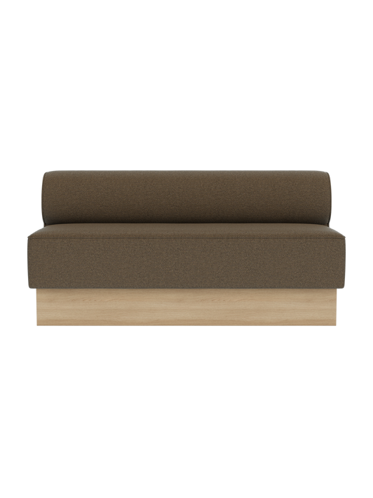Eave Dining Sofa, Plateau upholstered in Logan Nutmeg fabric with a natural oak base, shown from the front.