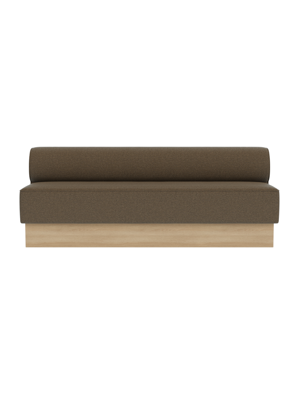 Eave Dining Sofa, Plateau upholstered in Logan Nutmeg fabric with a natural oak base, viewed from the front.
