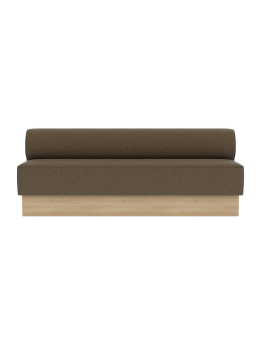 Eave Dining Sofa, Plateau upholstered in Logan Nutmeg fabric with a natural oak base, viewed from the front.