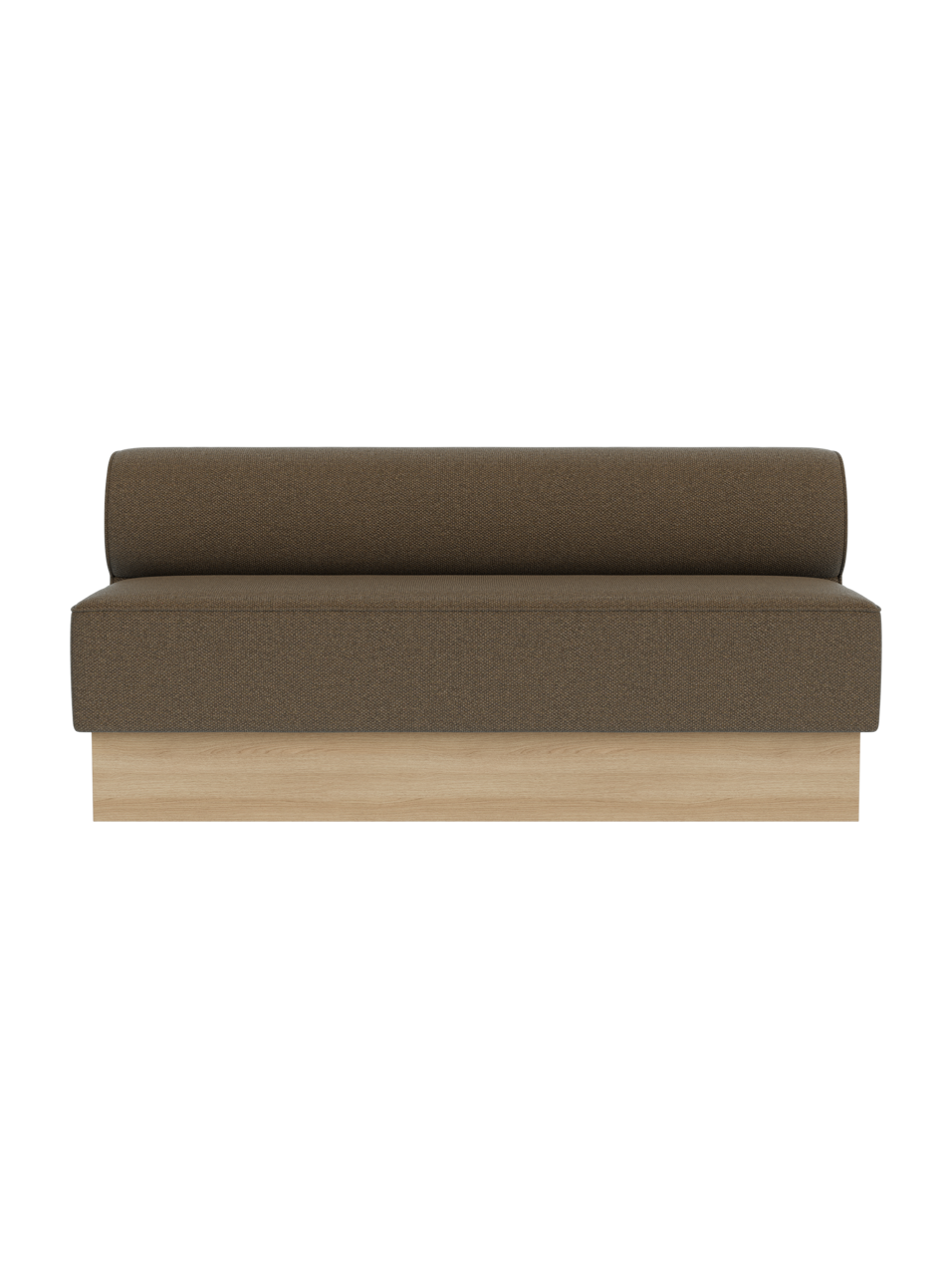 The Eave Dining Sofa, Plateau upholstered in Logan Nutmeg fabric with a natural oak base.