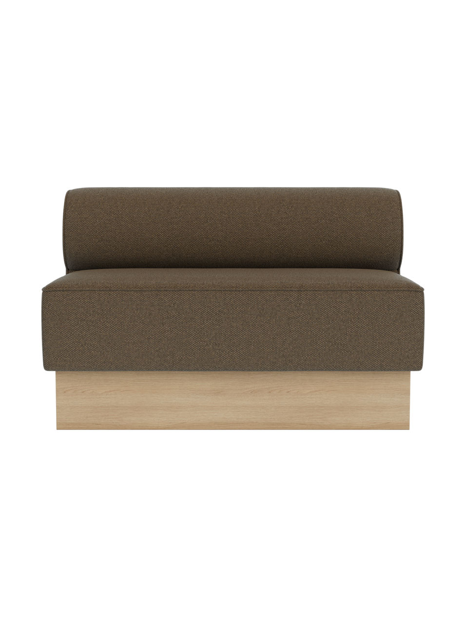 Eave Dining Sofa in Logan Nutmeg upholstery with a natural oak base, shown in a straight module configuration.