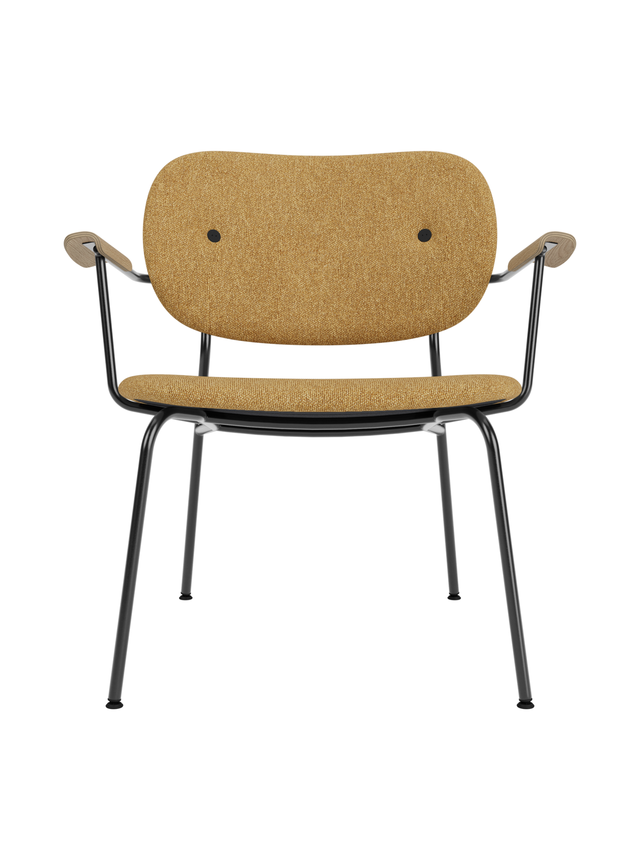 Co Lounge Chair fully upholstered in Moss 022 ochre fabric with natural oak armrests and a black steel frame.