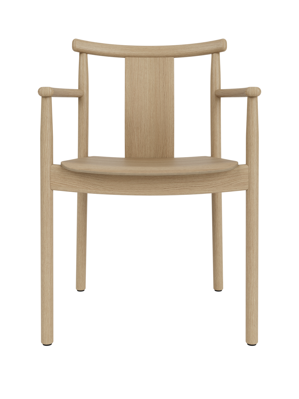 Merkur Dining Chair with Armrests in natural oak, featuring a minimalist solid wood design and curved backrest.