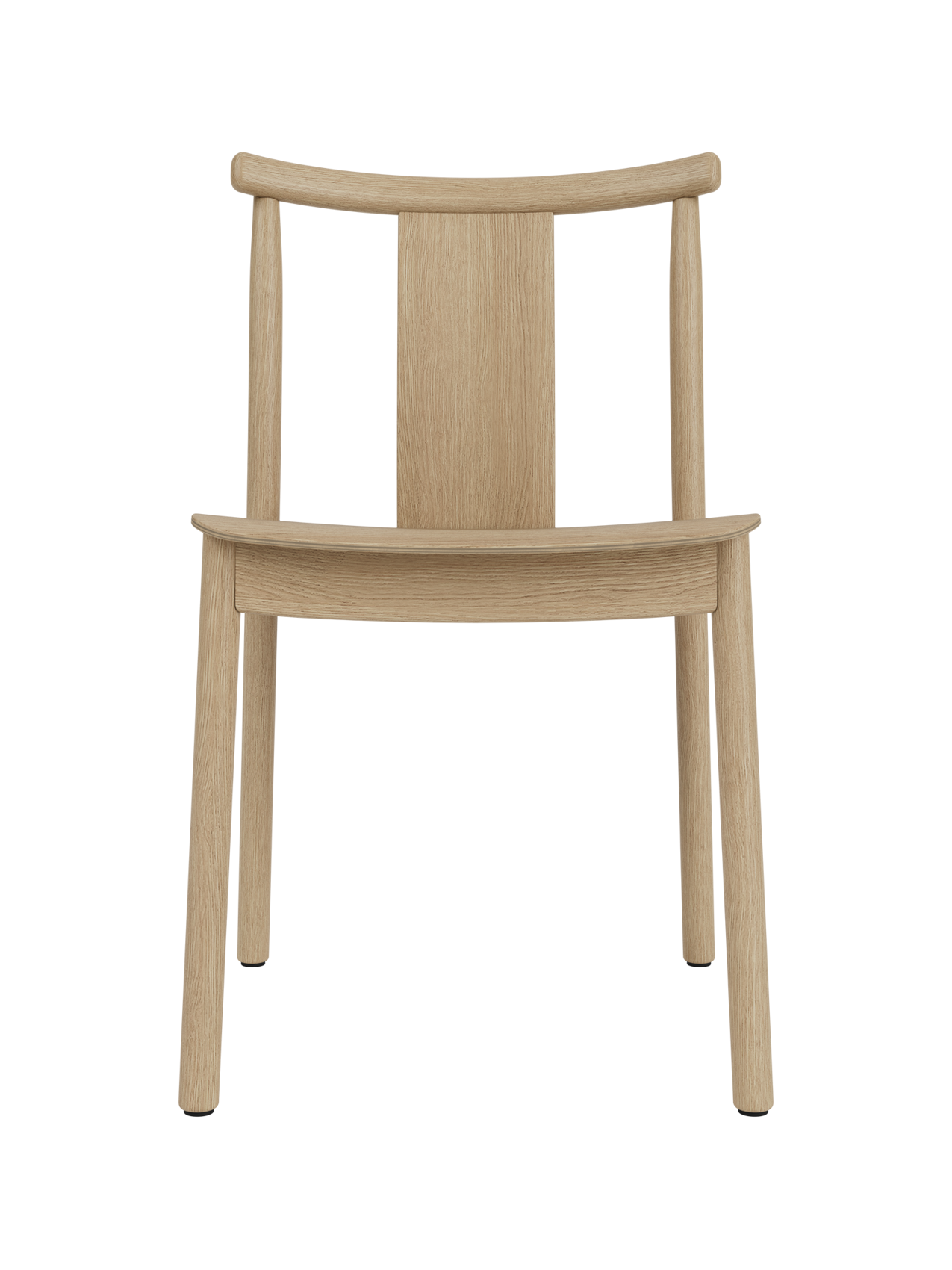 Merkur Dining Chair in natural oak with a curved backrest and vertical slat, shown front-on against a white background.