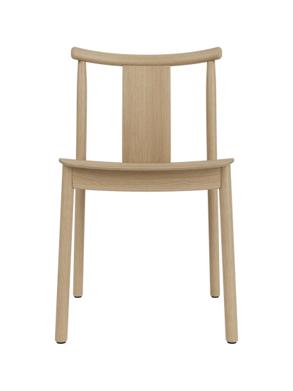 Merkur Dining Chair in natural oak with a curved backrest and vertical slat, shown front-on against a white background.