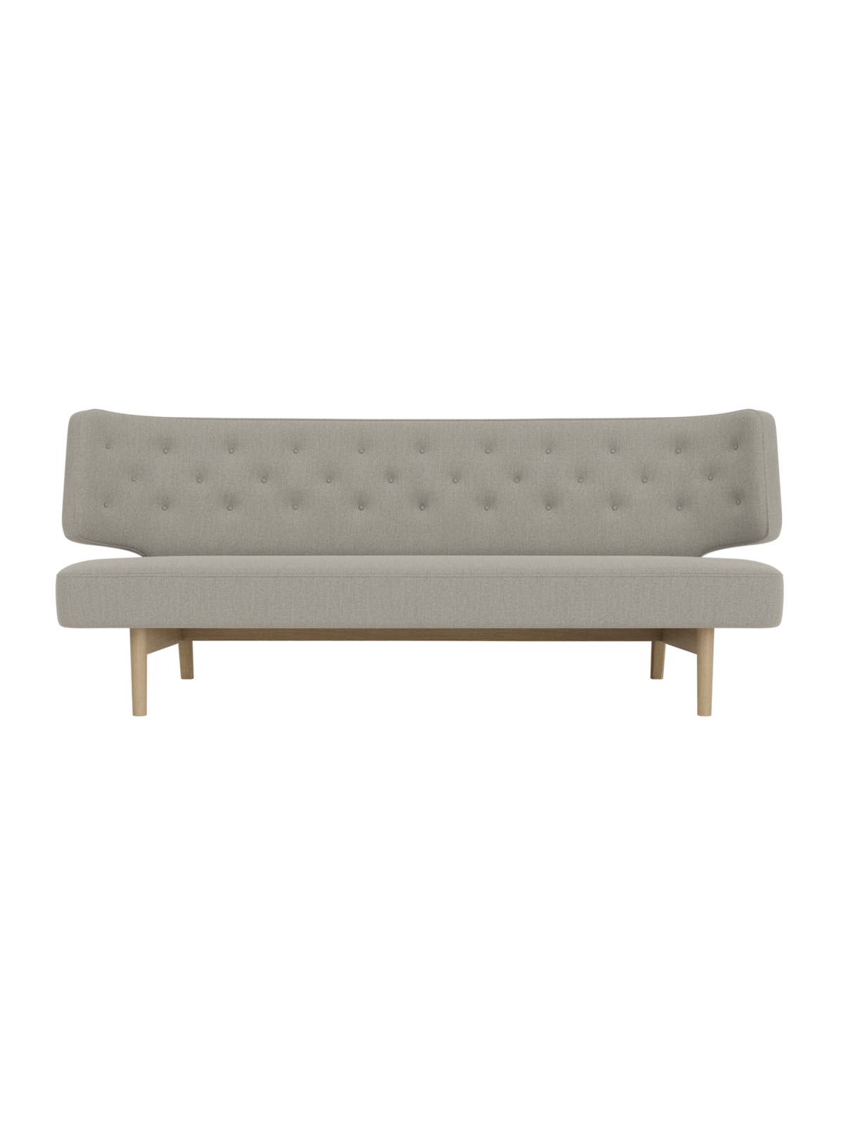 Radiohus Sofa in grey Re-wool 218 upholstery with natural oak legs and a curved, button-quilted backrest.