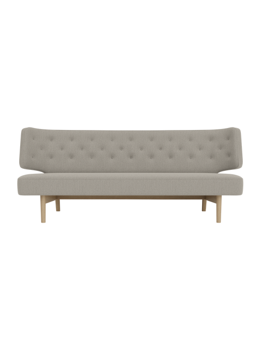 Radiohus Sofa in grey Re-wool 218 upholstery with natural oak legs and a curved, button-quilted backrest.