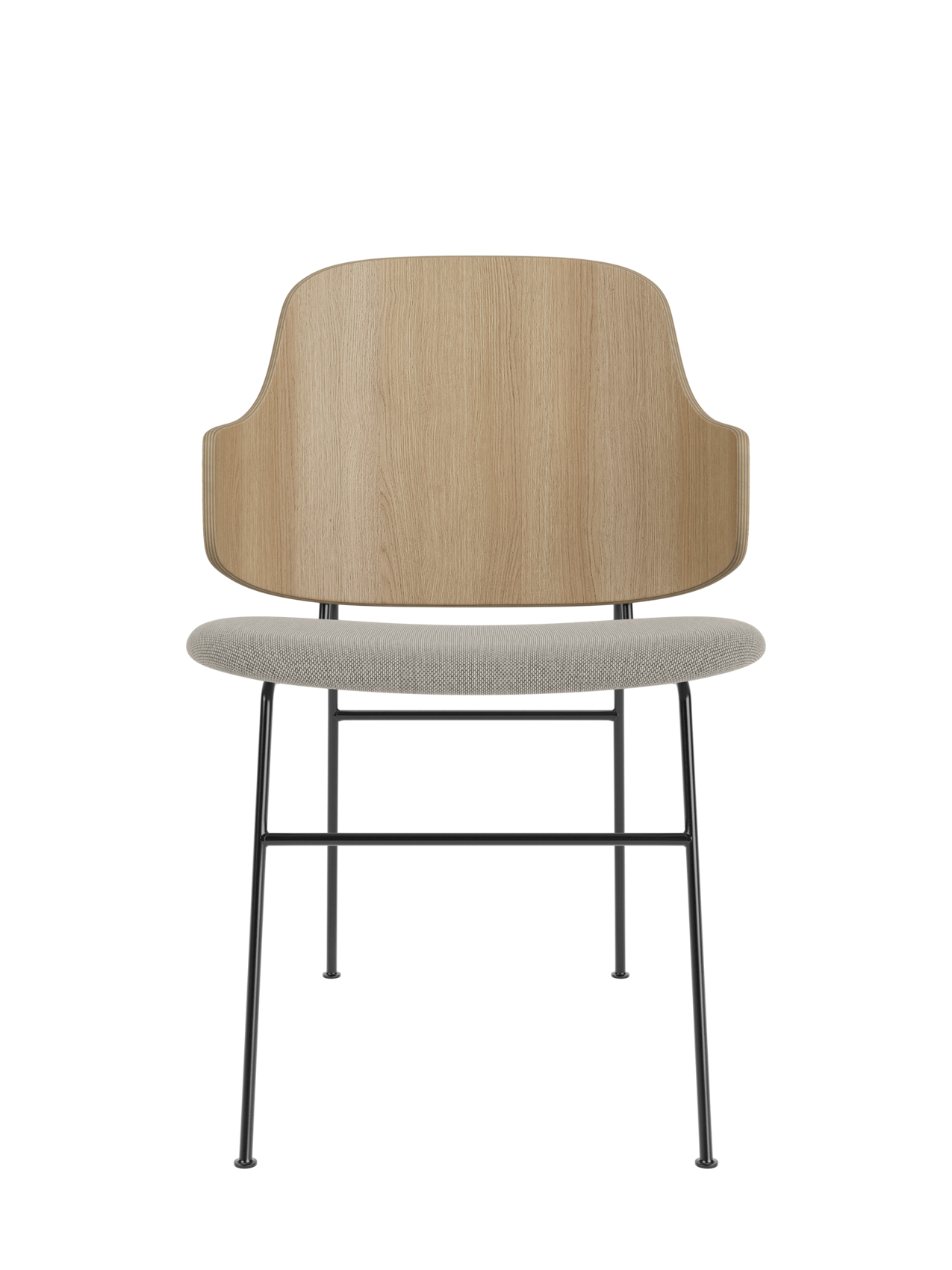 The Penguin Dining Chair with a natural oak back and grey Re-Wool 218 upholstered seat on slender black steel legs.