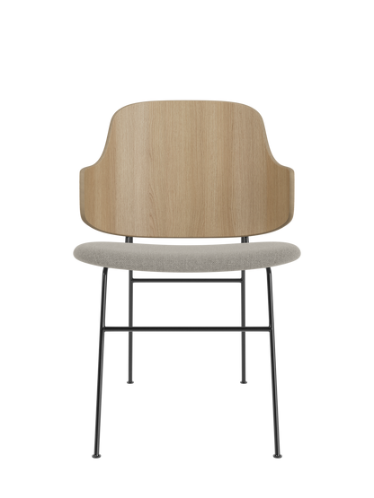 The Penguin Dining Chair with a natural oak back and grey Re-Wool 218 upholstered seat on slender black steel legs.