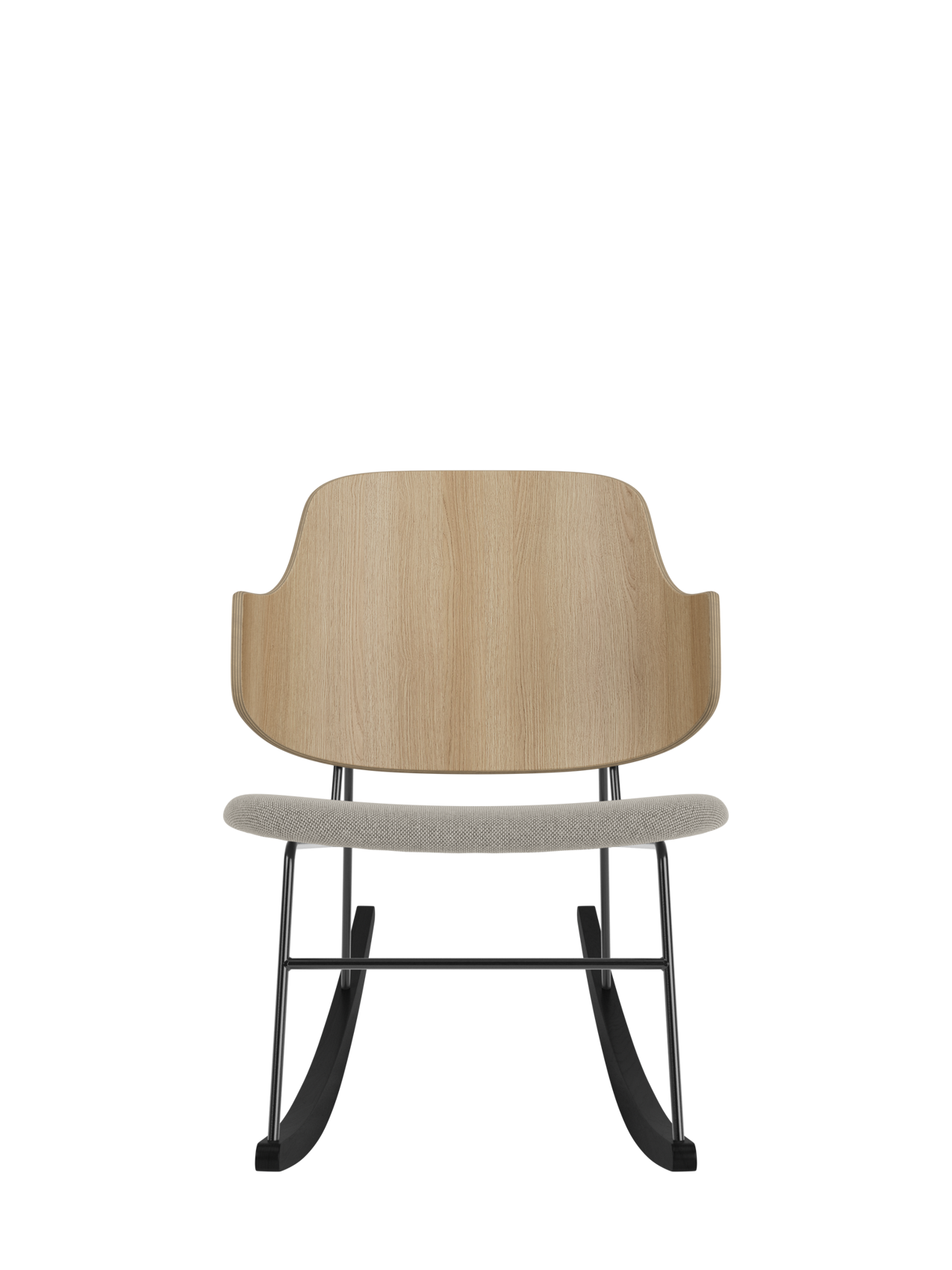 The Penguin Rocking Chair with a curved natural oak back and grey Re-wool 218 upholstered seat on black steel rockers.