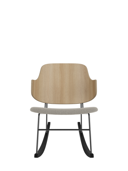 The Penguin Rocking Chair with a curved natural oak back and grey Re-wool 218 upholstered seat on black steel rockers.