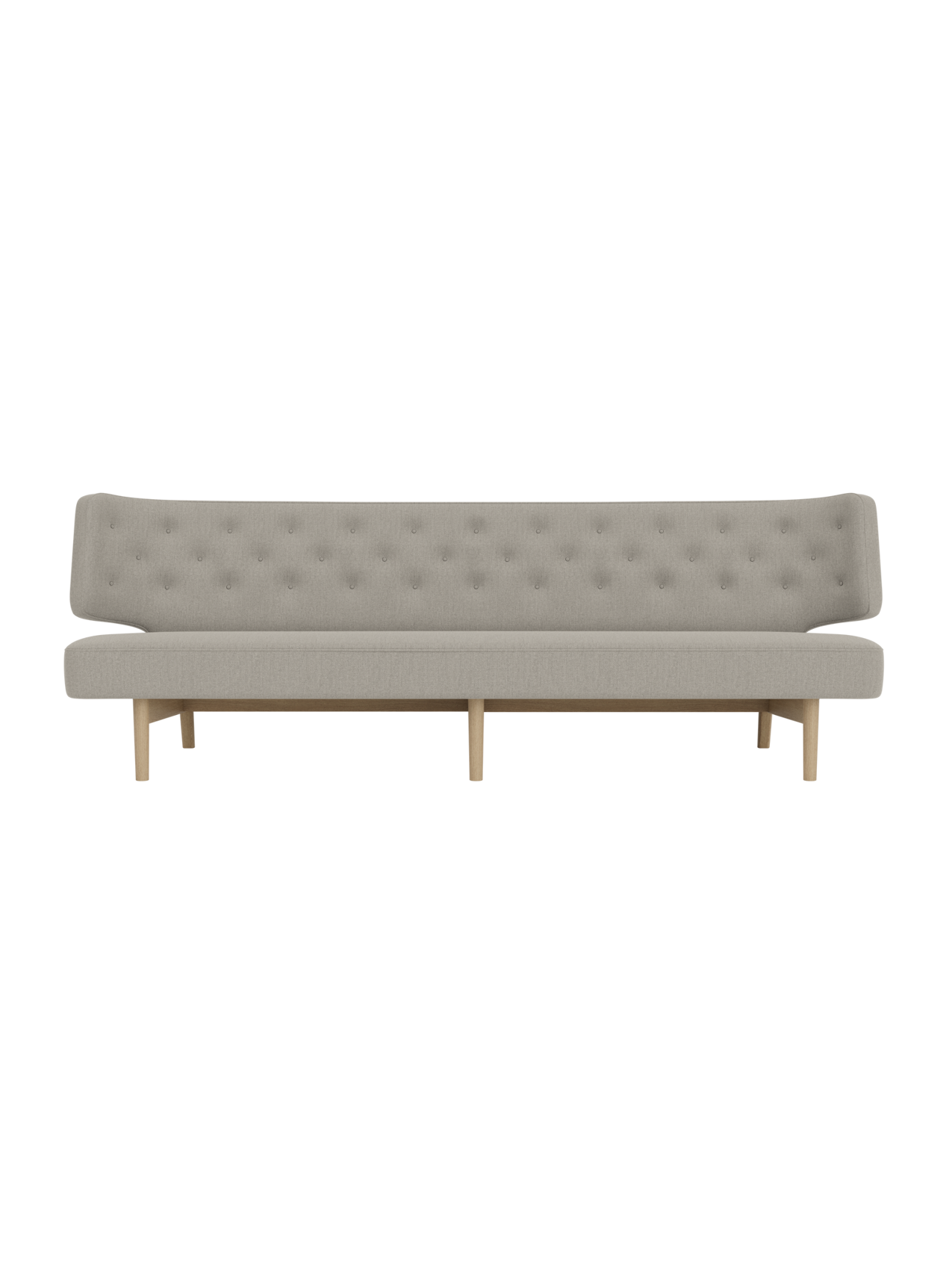 Radiohus Sofa with light grey Re-wool 218 upholstery and natural oak legs, featuring a curved, button-tufted backrest.