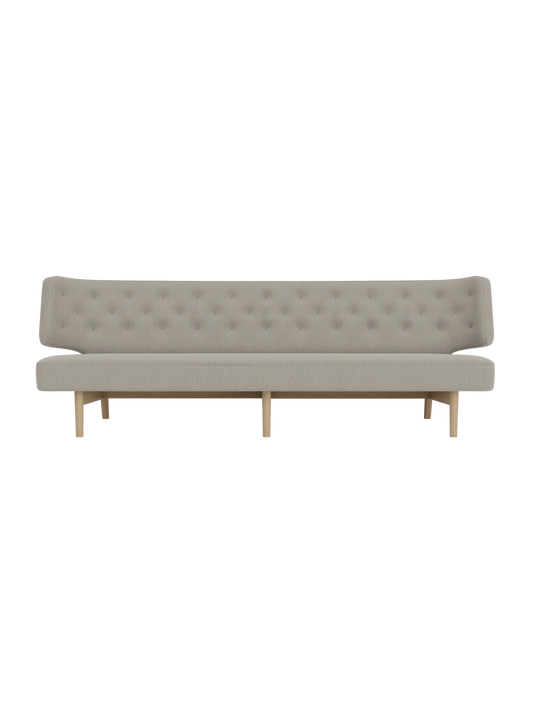 Radiohus Sofa with light grey Re-wool 218 upholstery and natural oak legs, featuring a curved, button-tufted backrest.