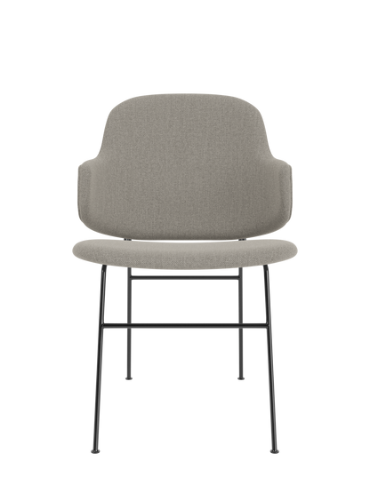 Fully upholstered Penguin Dining Chair featuring grey Re-Wool 218 fabric and a slender black steel frame.