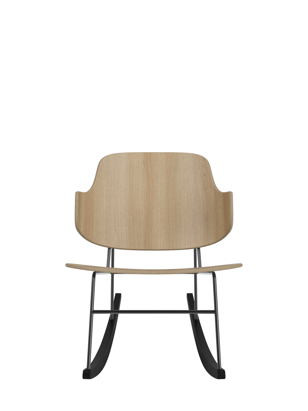 The Penguin Rocking Chair with natural oak veneer seat and back on a black steel frame with curved rockers.