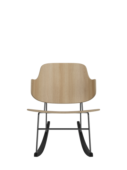 The Penguin Rocking Chair with natural oak veneer seat and back on a black steel frame with curved rockers.