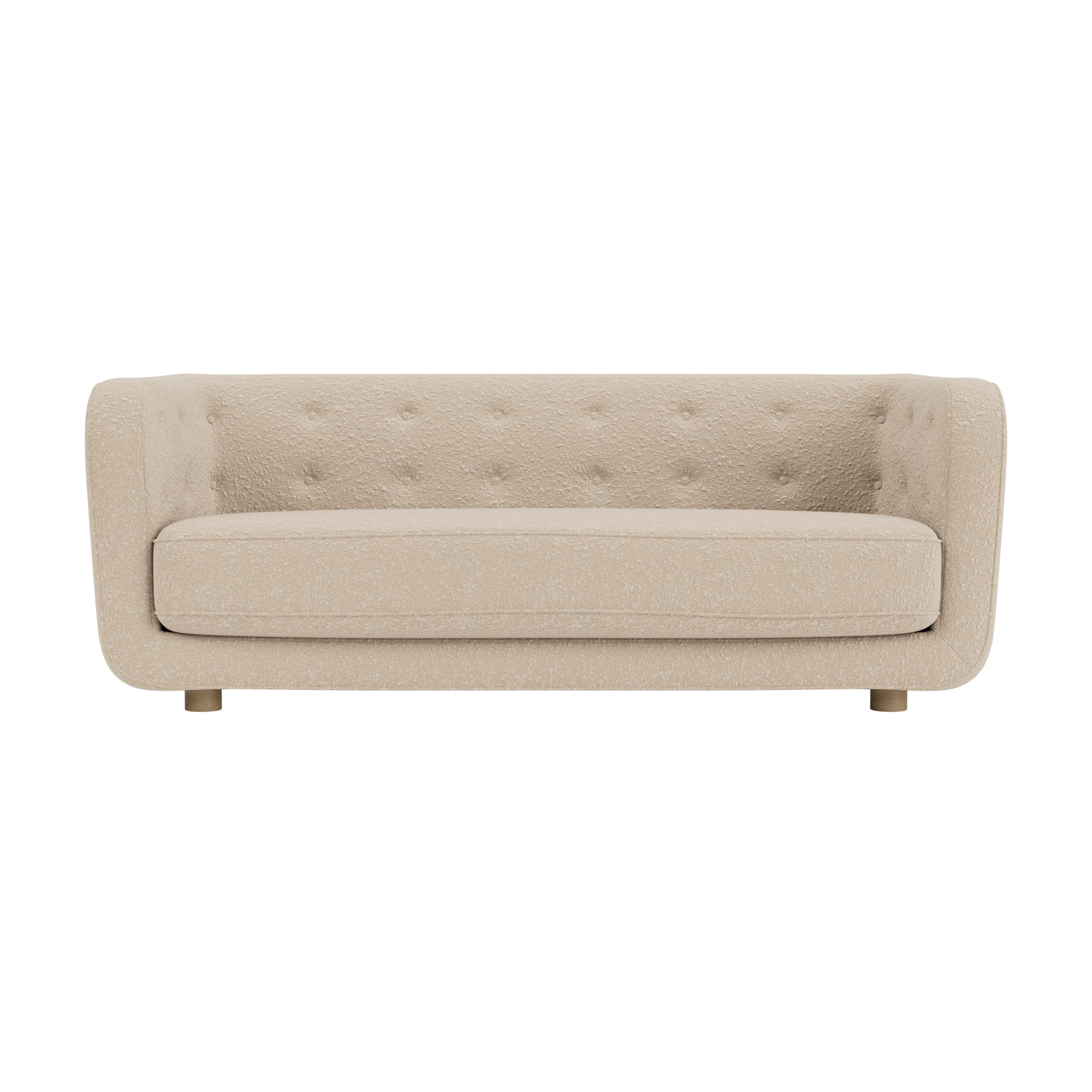 Vilhelm Sofa in beige Zero 0001 fabric featuring a button-detailed back and natural oak legs on a white background.