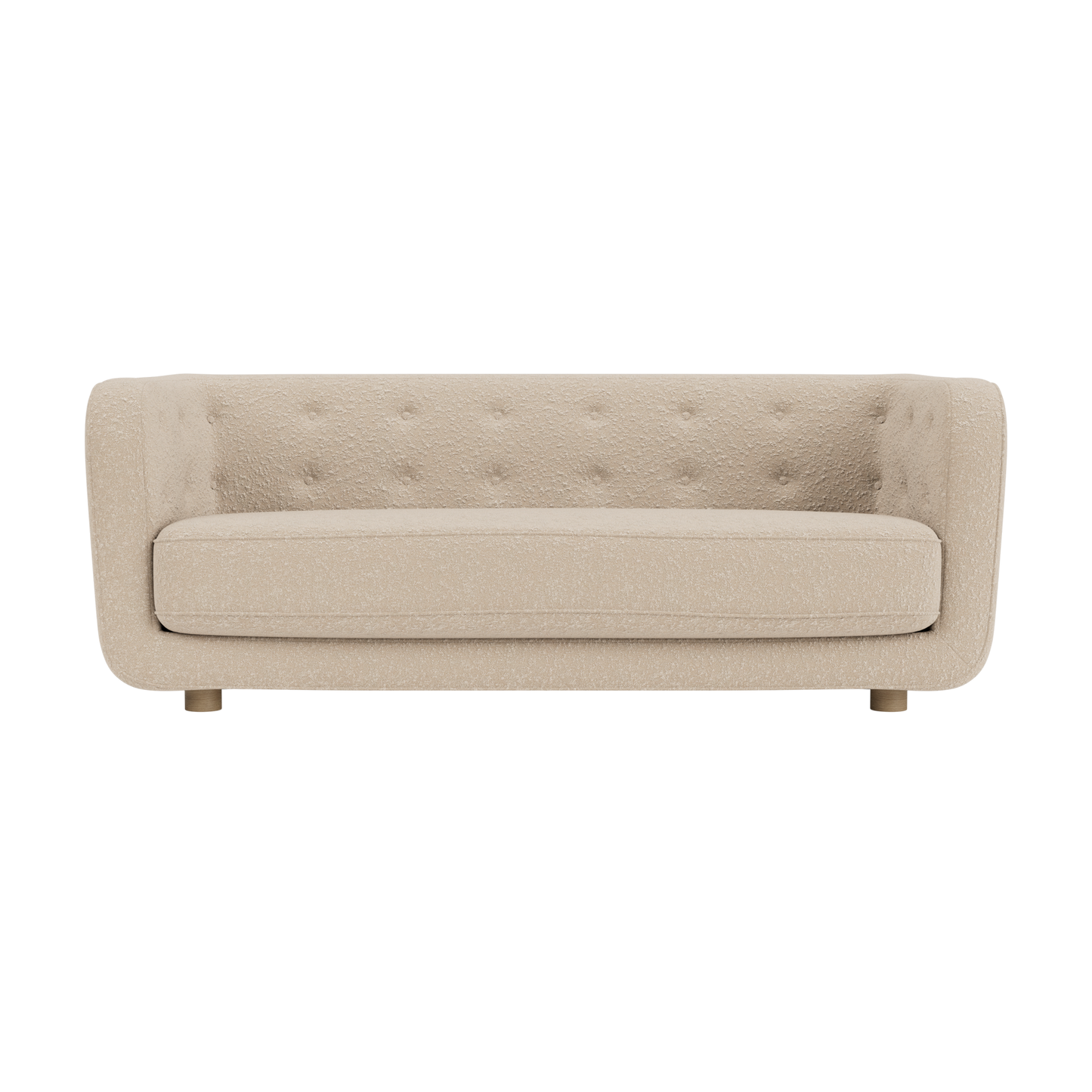 Vilhelm Sofa in beige Zero 0001 fabric featuring a button-detailed back and natural oak legs on a white background.