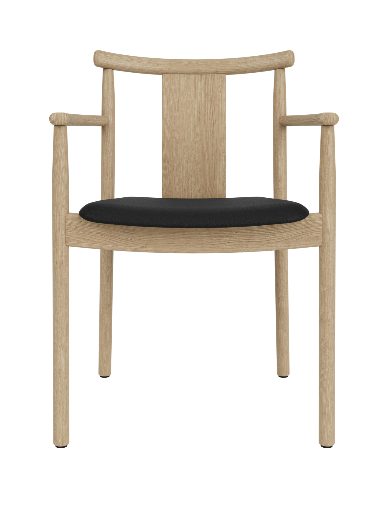 Merkur Dining Chair with Armrests in natural oak and black Sierra leather upholstery, shown from a front-facing angle.