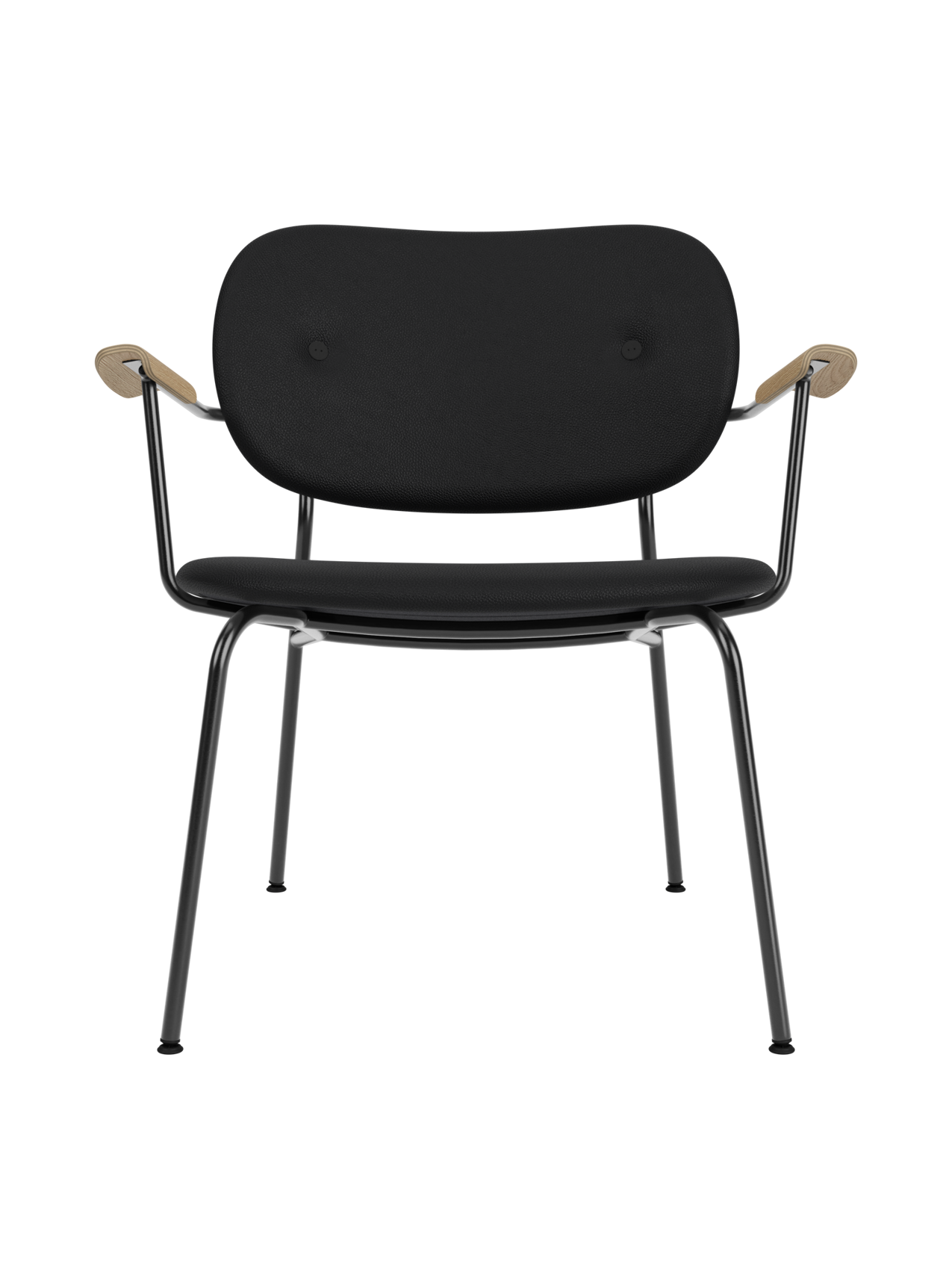 Fully upholstered Co Lounge Chair in black Sierra leather with natural oak armrests and a slender steel frame.