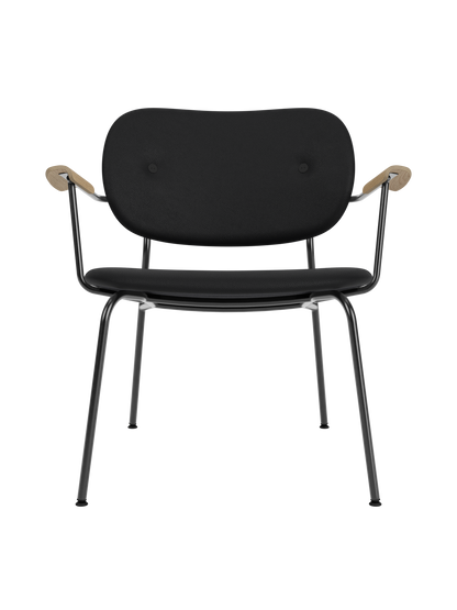 Fully upholstered Co Lounge Chair in black Sierra leather with natural oak armrests and a slender steel frame.