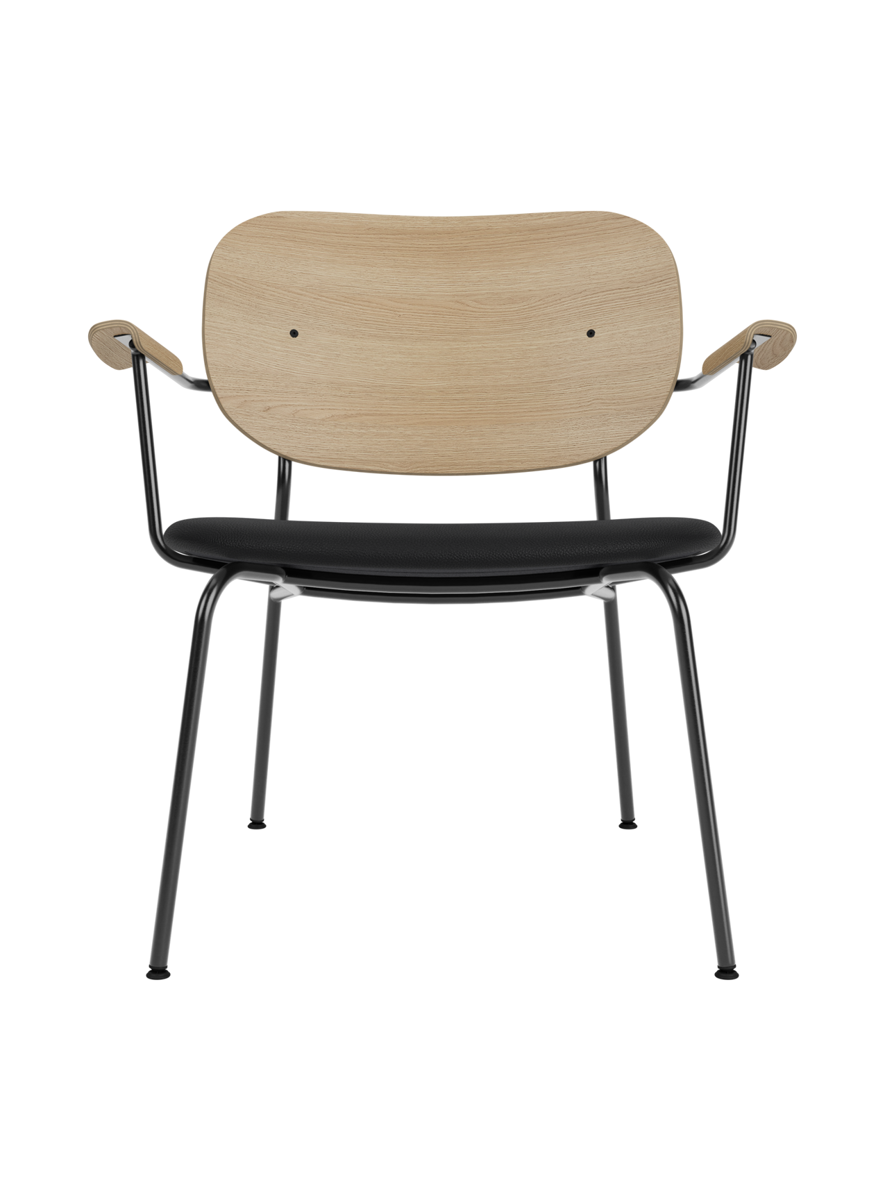 Co Lounge Chair in natural oak with a black Sierra 1001 leather upholstered seat and powder-coated steel frame.