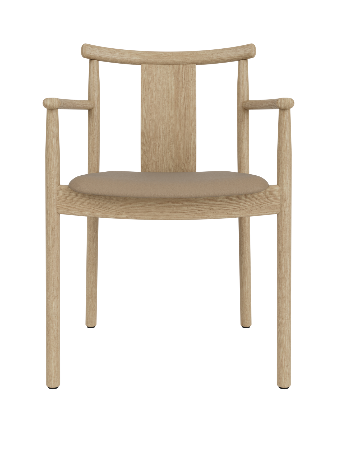 Merkur Dining Chair with Armrests in natural oak with a taupe Sierra leather seat, front view.