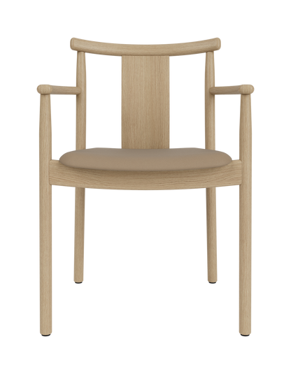 Merkur Dining Chair with Armrests in natural oak with a taupe Sierra leather seat, front view.