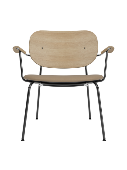 Co Lounge Chair with a natural oak backrest and tan Sierra 1611 upholstered seat on a slim black steel frame.