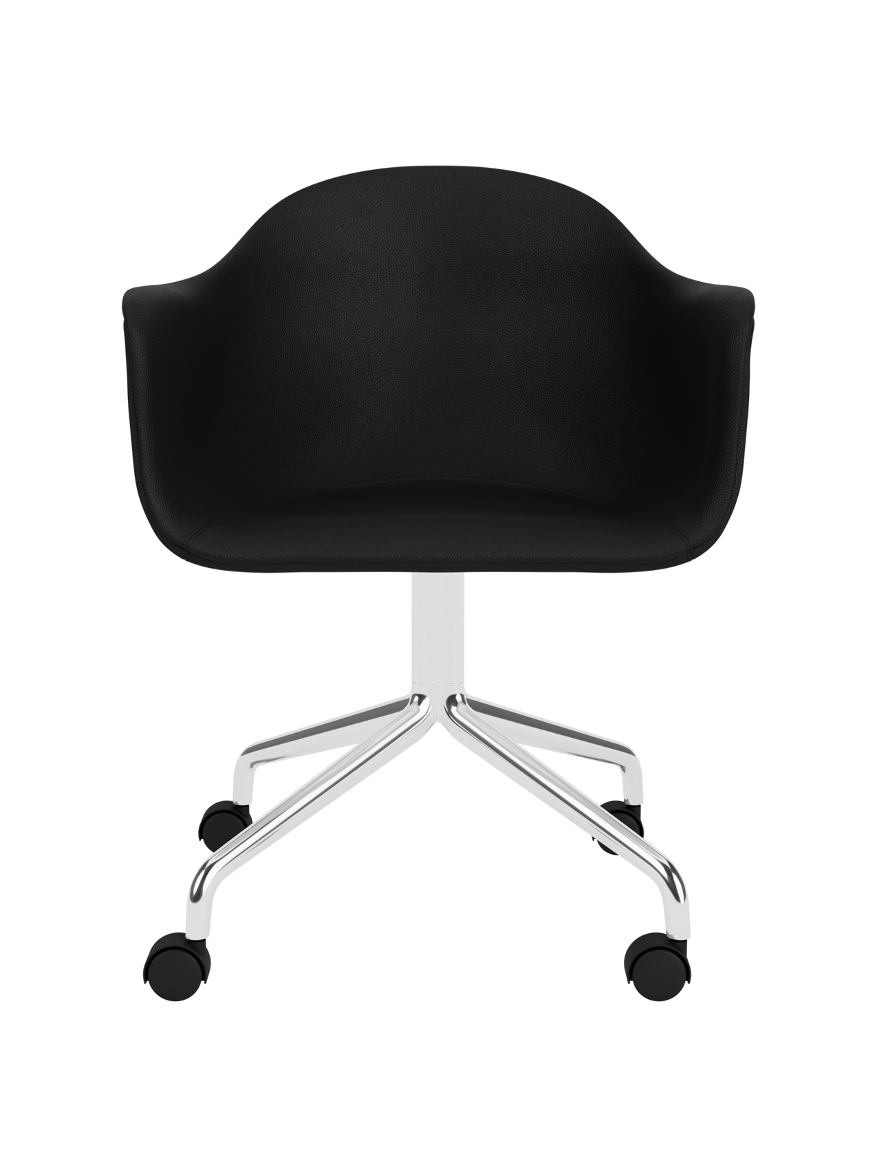 Harbour Dining Chair with black Sierra leather upholstery and a polished aluminium star base on rolling castors.