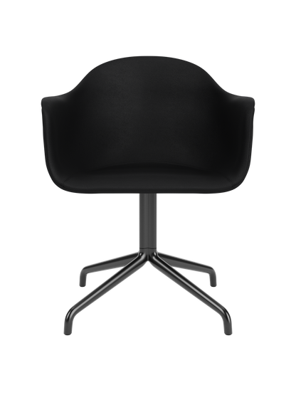 Harbour Dining Chair with a black star swivel base and black Sierra leather upholstery on a white background.